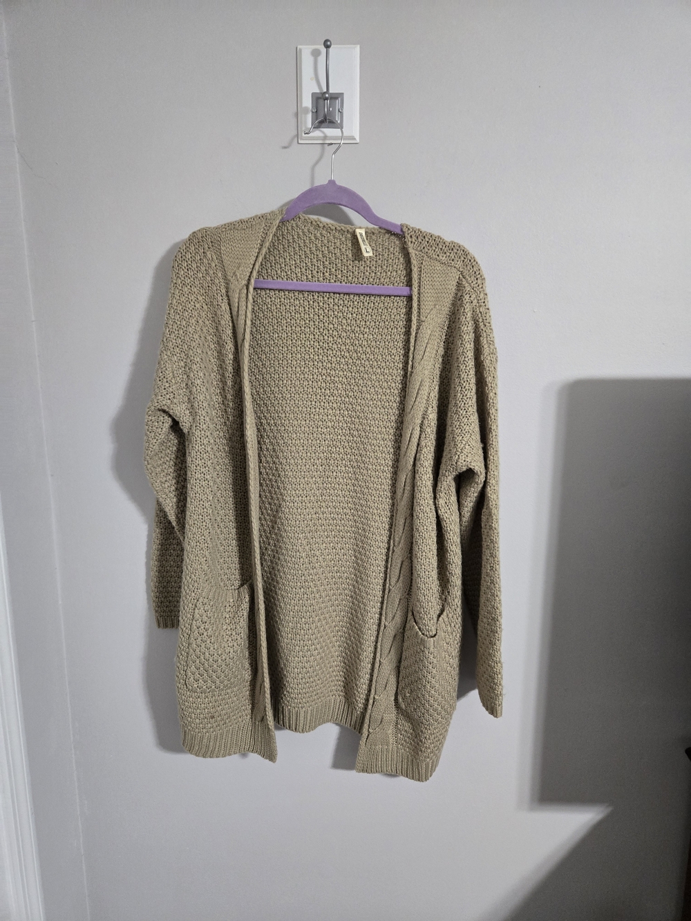 Beige Open-Front Knit Cardigan with Pockets